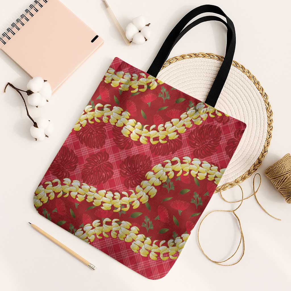 Red Palaka Hawaii Mele Kalikimaka Tote Bag Ohia Lehua Monstera Puakenikeni Lei - Polynesian Pride