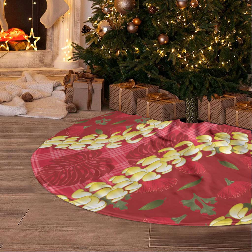 Red Palaka Hawaii Mele Kalikimaka Tree Skirt Ohia Lehua Monstera Puakenikeni Lei - Polynesian Pride