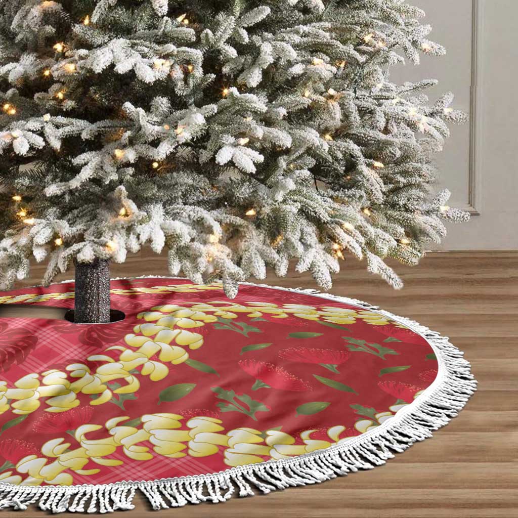 Red Palaka Hawaii Mele Kalikimaka Tree Skirt Ohia Lehua Monstera Puakenikeni Lei - Polynesian Pride