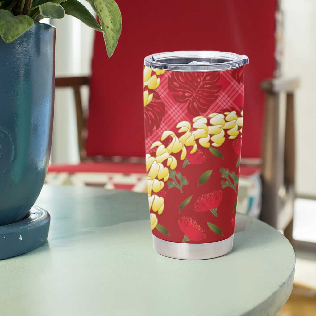 Red Palaka Hawaii Mele Kalikimaka Tumbler Cup Ohia Lehua Monstera Puakenikeni Lei - Polynesian Pride