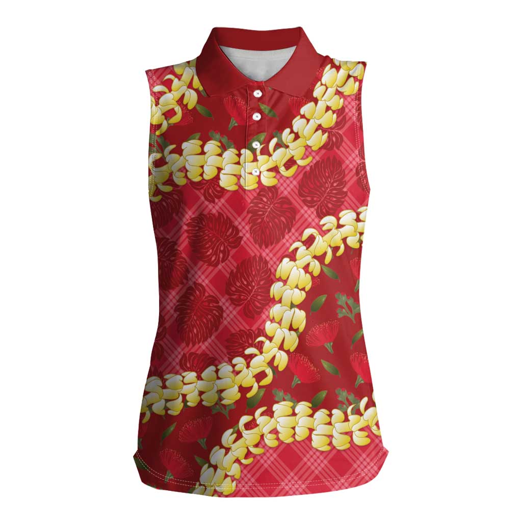 Red Palaka Hawaii Mele Kalikimaka Women Sleeveless Polo Shirt Ohia Lehua Monstera Puakenikeni Lei - Polynesian Pride