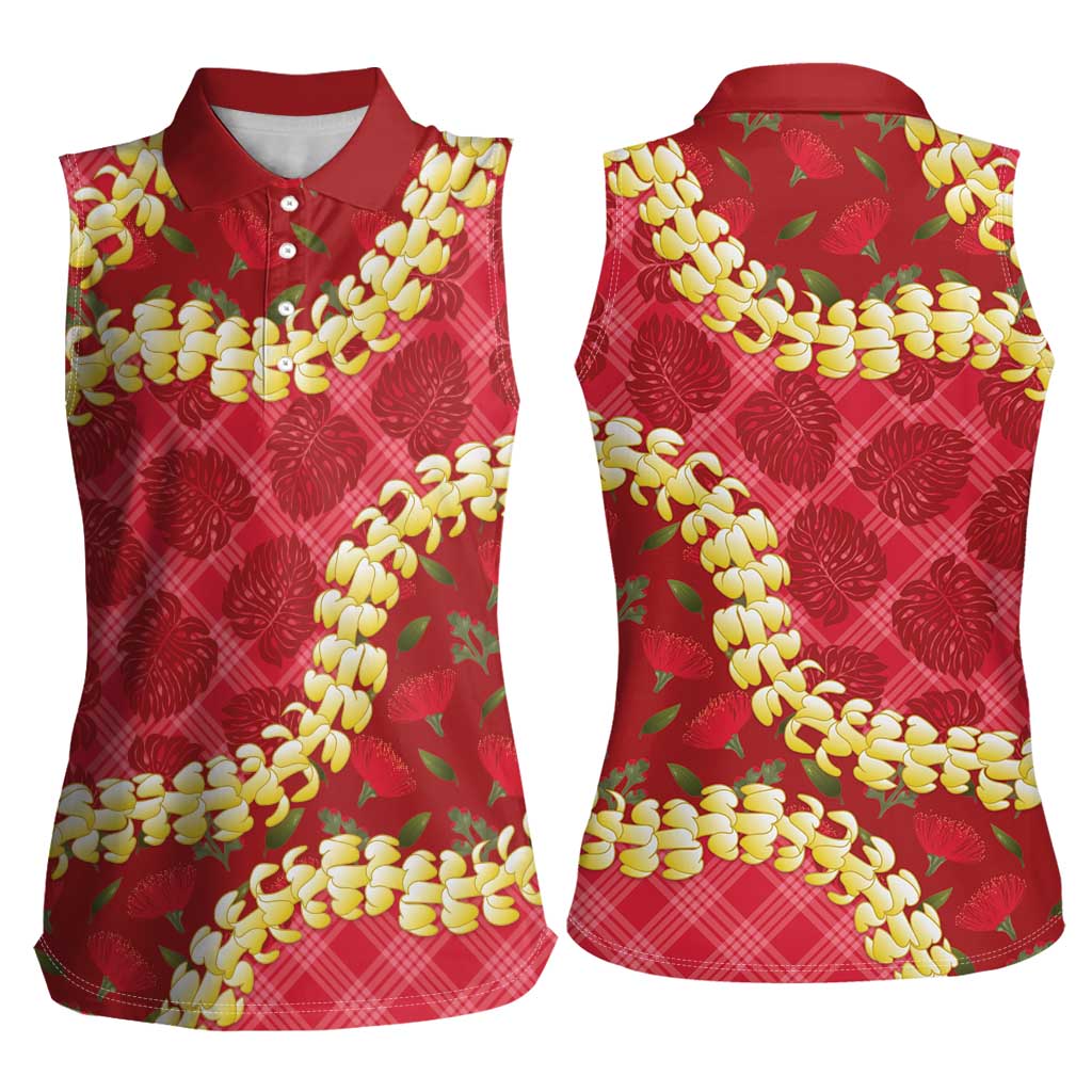 Red Palaka Hawaii Mele Kalikimaka Women Sleeveless Polo Shirt Ohia Lehua Monstera Puakenikeni Lei - Polynesian Pride