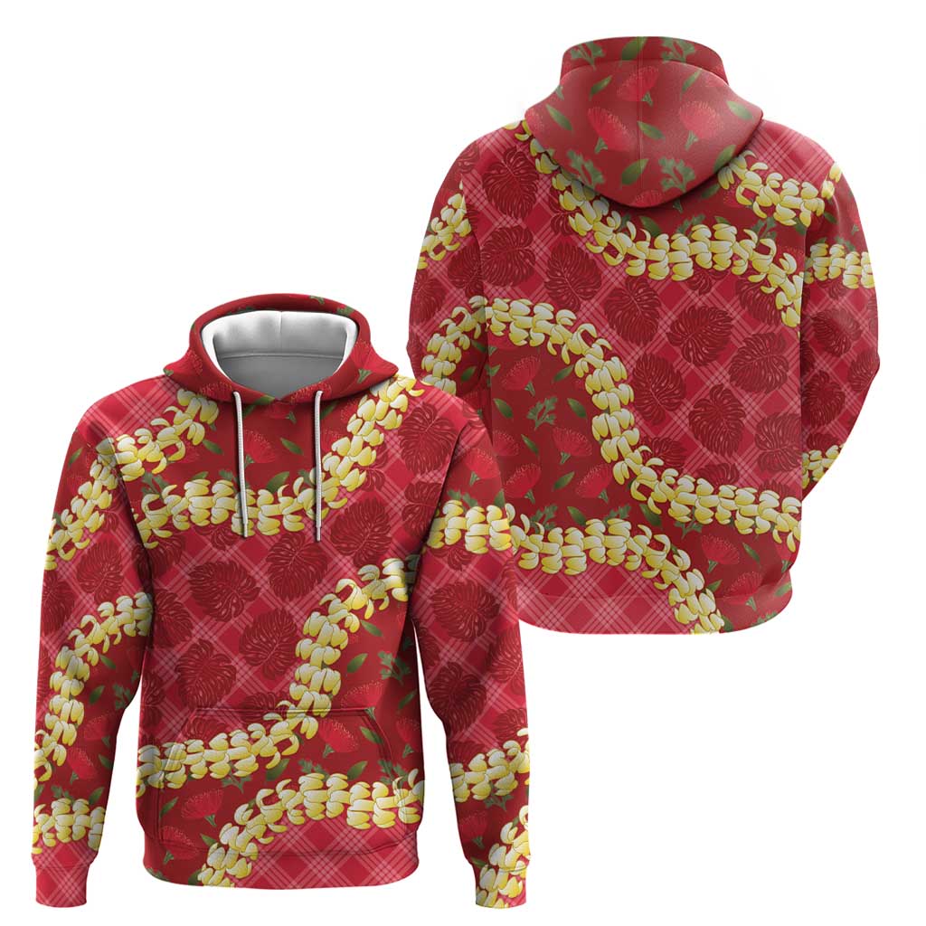 Red Palaka Hawaii Mele Kalikimaka Zip Hoodie Ohia Lehua Monstera Puakenikeni Lei - Polynesian Pride