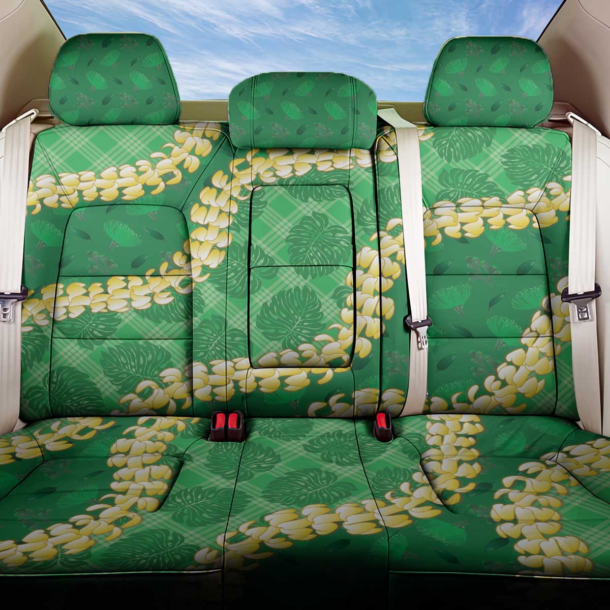 Green Palaka Hawaii Mele Kalikimaka Back Car Seat Cover Ohia Lehua Monstera Puakenikeni Lei - Polynesian Pride