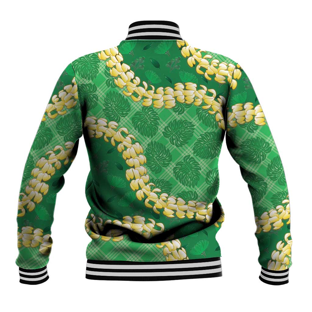 Green Palaka Hawaii Mele Kalikimaka Baseball Jacket Ohia Lehua Monstera Puakenikeni Lei - Polynesian Pride