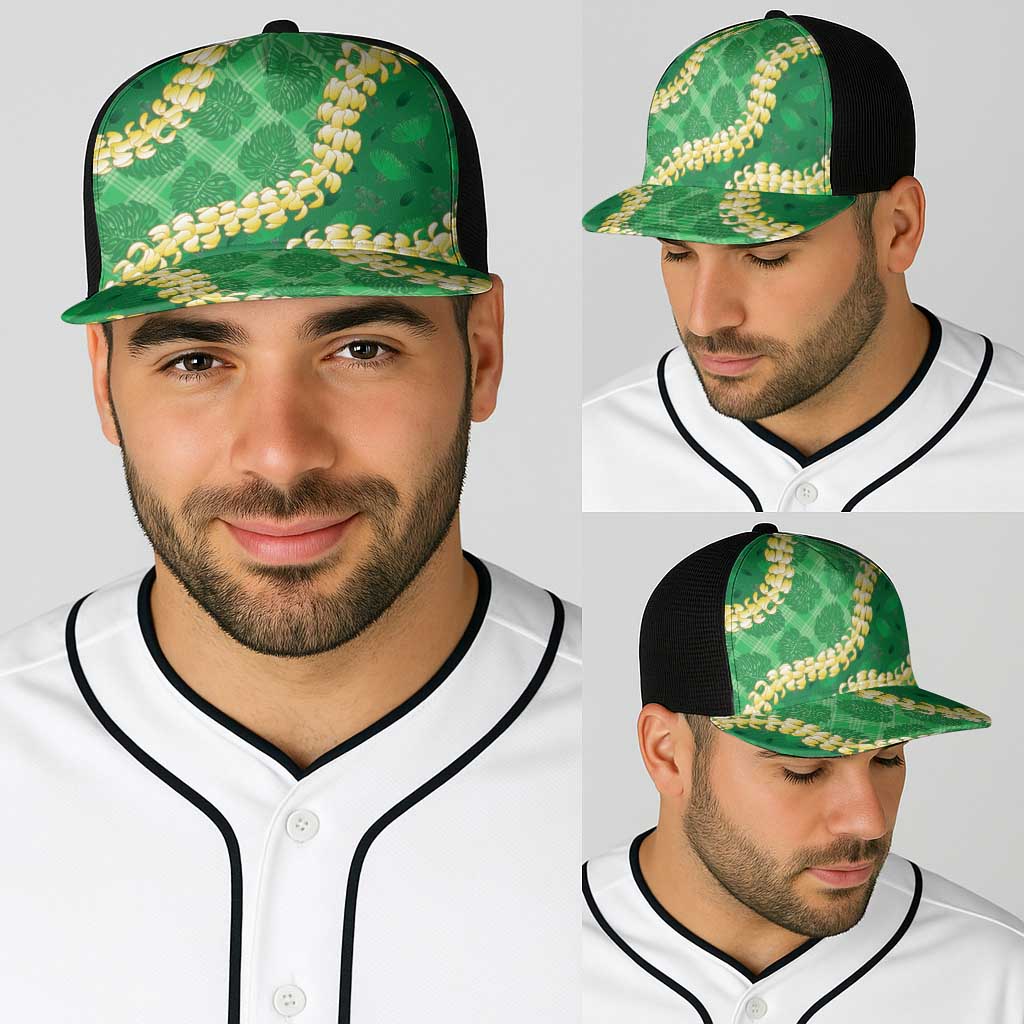 Green Palaka Hawaii Mele Kalikimaka Baseball Net Cap Ohia Lehua Monstera Puakenikeni Lei - Polynesian Pride