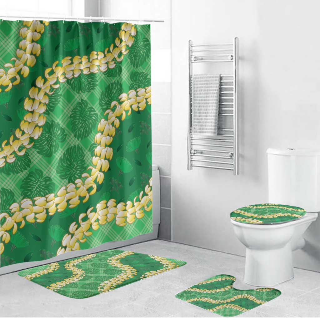 Green Palaka Hawaii Mele Kalikimaka Bathroom Set Ohia Lehua Monstera Puakenikeni Lei - Polynesian Pride