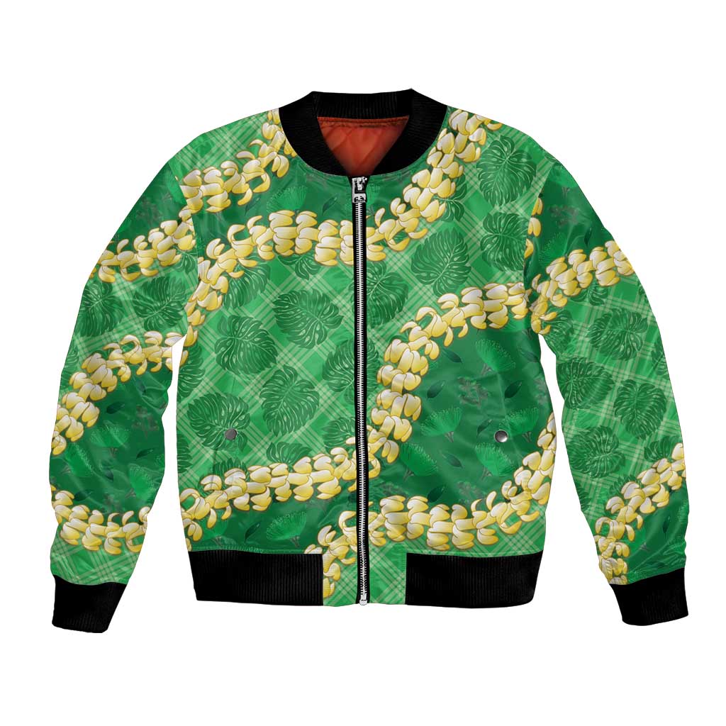 Green Palaka Hawaii Mele Kalikimaka Bomber Jacket Ohia Lehua Monstera Puakenikeni Lei - Polynesian Pride