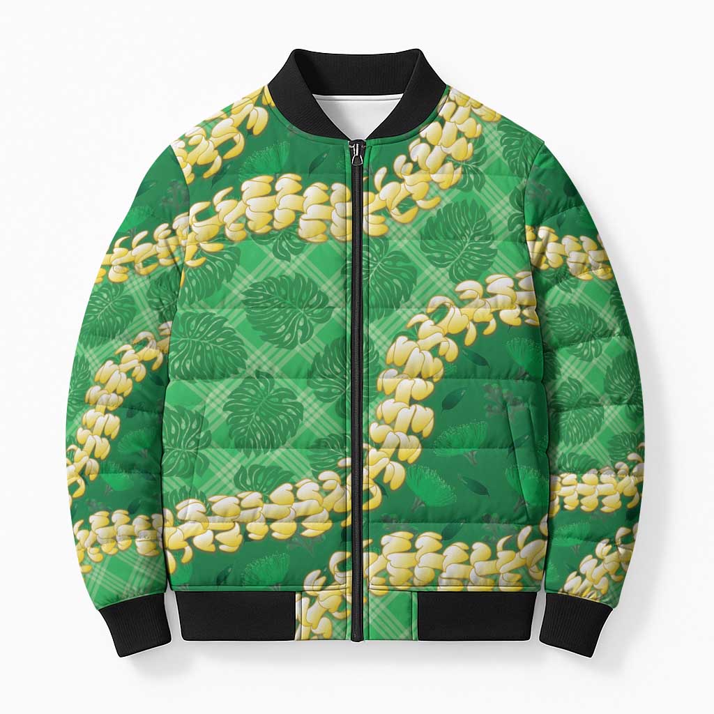 Green Palaka Hawaii Mele Kalikimaka Bomber Puffer Jacket Ohia Lehua Monstera Puakenikeni Lei - Polynesian Pride