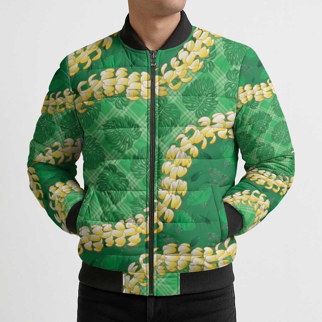 Green Palaka Hawaii Mele Kalikimaka Bomber Puffer Jacket Ohia Lehua Monstera Puakenikeni Lei - Polynesian Pride
