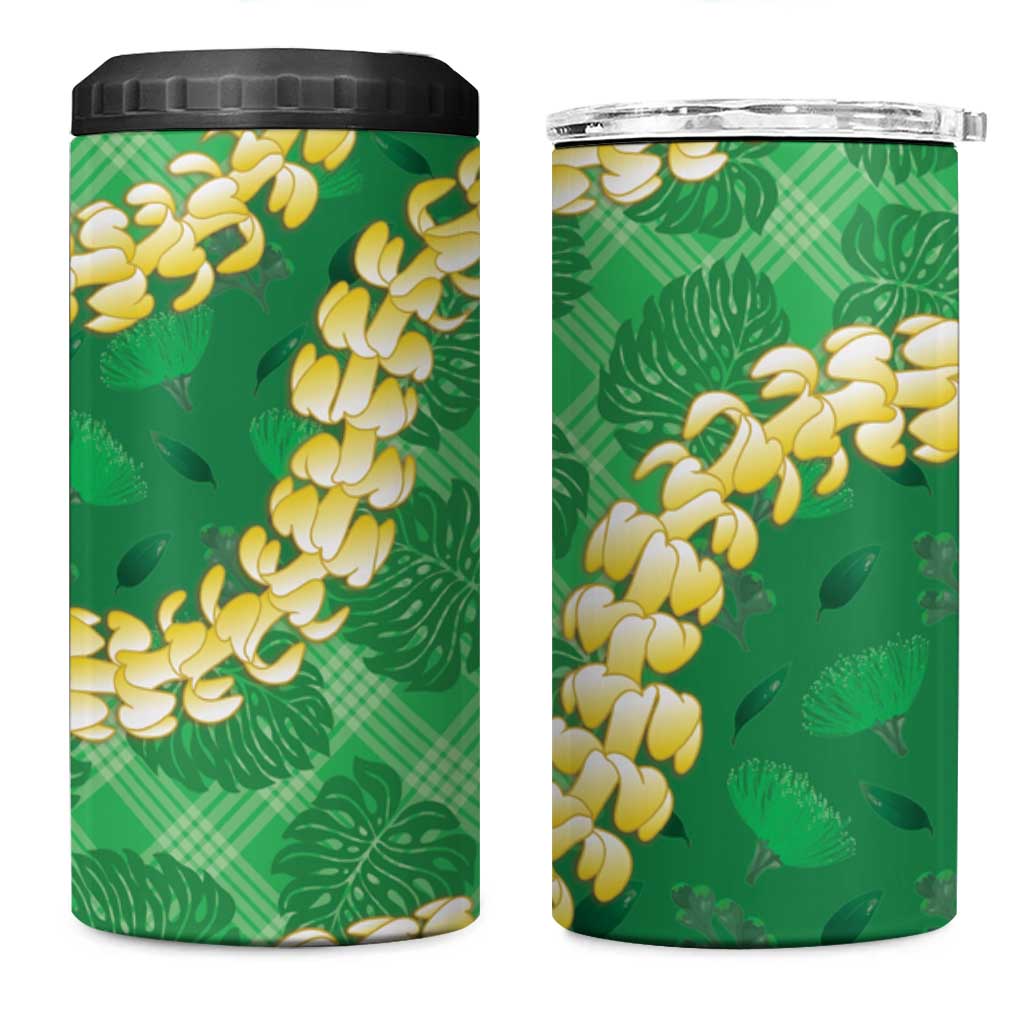 Green Palaka Hawaii Mele Kalikimaka 4 in 1 Can Cooler Tumbler Ohia Lehua Monstera Puakenikeni Lei - Polynesian Pride