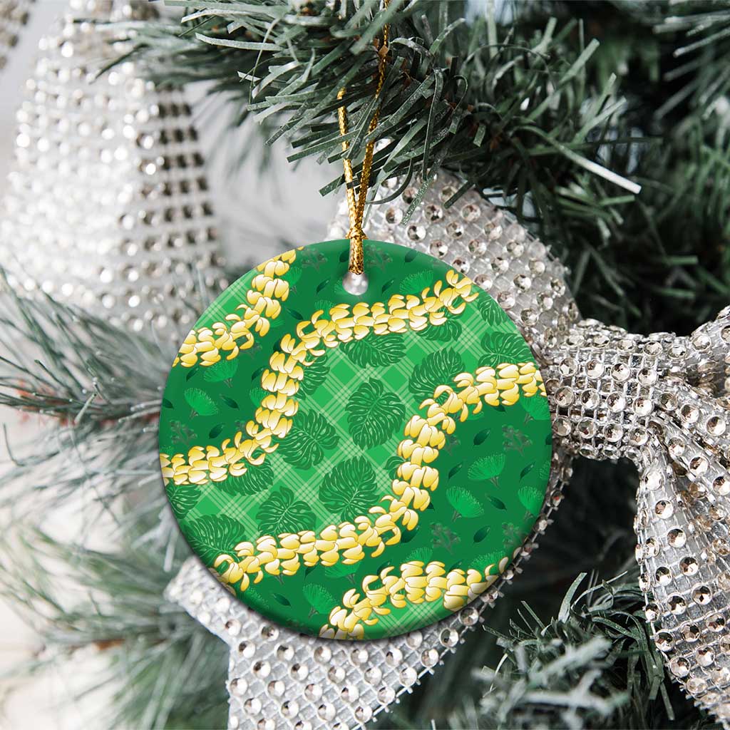 Green Palaka Hawaii Mele Kalikimaka Ceramic Ornament Ohia Lehua Monstera Puakenikeni Lei - Polynesian Pride