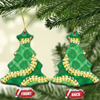 Green Palaka Hawaii Mele Kalikimaka Ceramic Ornament Ohia Lehua Monstera Puakenikeni Lei - Polynesian Pride