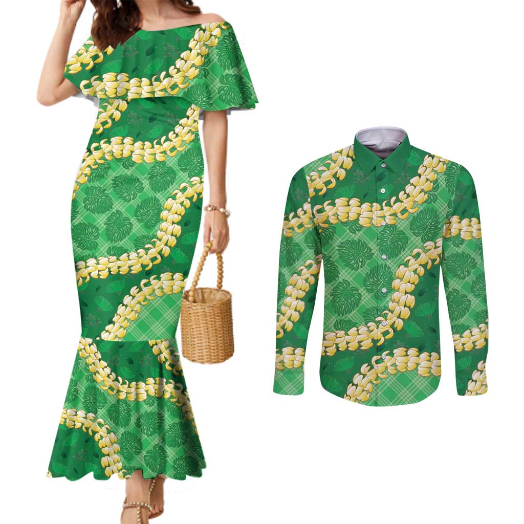 Green Palaka Hawaii Mele Kalikimaka Couples Matching Mermaid Dress and Long Sleeve Button Shirt Ohia Lehua Monstera Puakenikeni Lei - Polynesian Pride