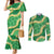 Green Palaka Hawaii Mele Kalikimaka Couples Matching Mermaid Dress and Long Sleeve Button Shirt Ohia Lehua Monstera Puakenikeni Lei - Polynesian Pride