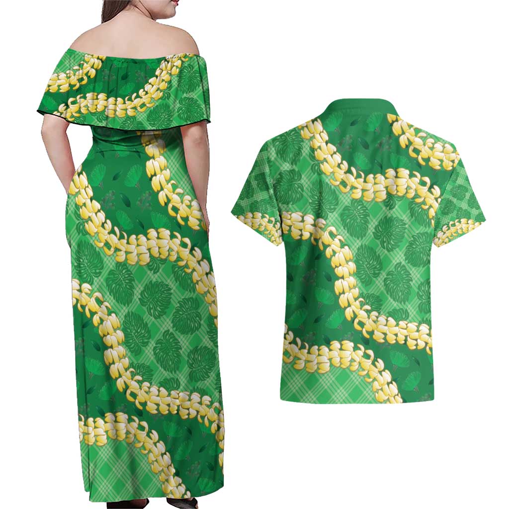 Green Palaka Hawaii Mele Kalikimaka Couples Matching Off Shoulder Maxi Dress and Hawaiian Shirt Ohia Lehua Monstera Puakenikeni Lei - Polynesian Pride