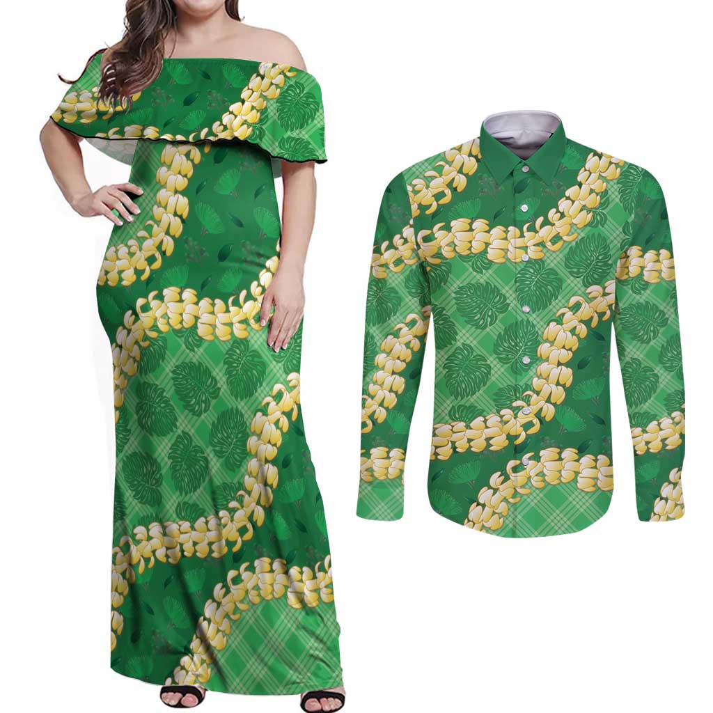 Green Palaka Hawaii Mele Kalikimaka Couples Matching Off Shoulder Maxi Dress and Long Sleeve Button Shirt Ohia Lehua Monstera Puakenikeni Lei - Polynesian Pride