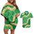 Green Palaka Hawaii Mele Kalikimaka Couples Matching Off Shoulder Short Dress and Hawaiian Shirt Ohia Lehua Monstera Puakenikeni Lei - Polynesian Pride