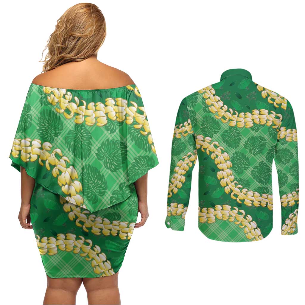 Green Palaka Hawaii Mele Kalikimaka Couples Matching Off Shoulder Short Dress and Long Sleeve Button Shirt Ohia Lehua Monstera Puakenikeni Lei - Polynesian Pride