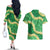 Green Palaka Hawaii Mele Kalikimaka Couples Matching Off The Shoulder Long Sleeve Dress and Hawaiian Shirt Ohia Lehua Monstera Puakenikeni Lei - Polynesian Pride