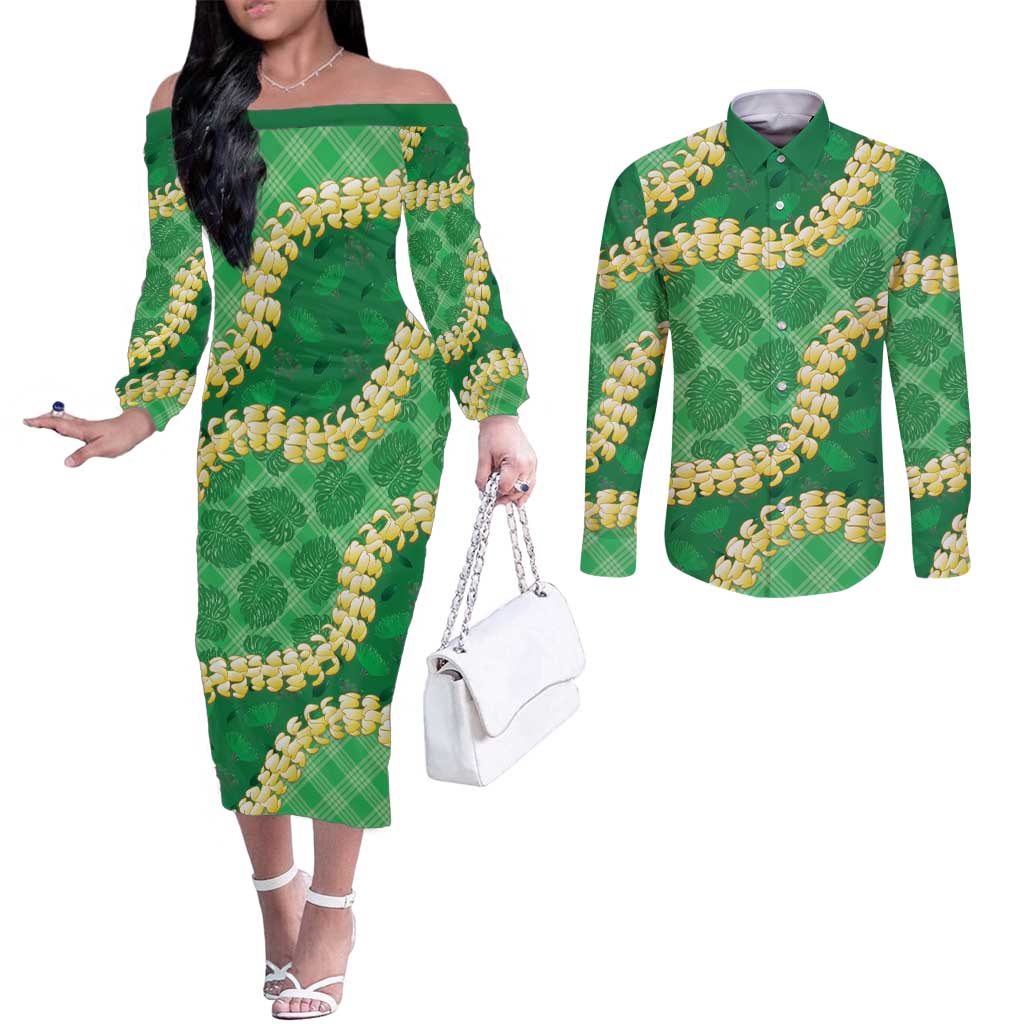 Green Palaka Hawaii Mele Kalikimaka Couples Matching Off The Shoulder Long Sleeve Dress and Long Sleeve Button Shirt Ohia Lehua Monstera Puakenikeni Lei - Polynesian Pride
