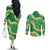 Green Palaka Hawaii Mele Kalikimaka Couples Matching Off The Shoulder Long Sleeve Dress and Long Sleeve Button Shirt Ohia Lehua Monstera Puakenikeni Lei - Polynesian Pride
