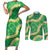 Green Palaka Hawaii Mele Kalikimaka Couples Matching Short Sleeve Bodycon Dress and Long Sleeve Button Shirt Ohia Lehua Monstera Puakenikeni Lei - Polynesian Pride