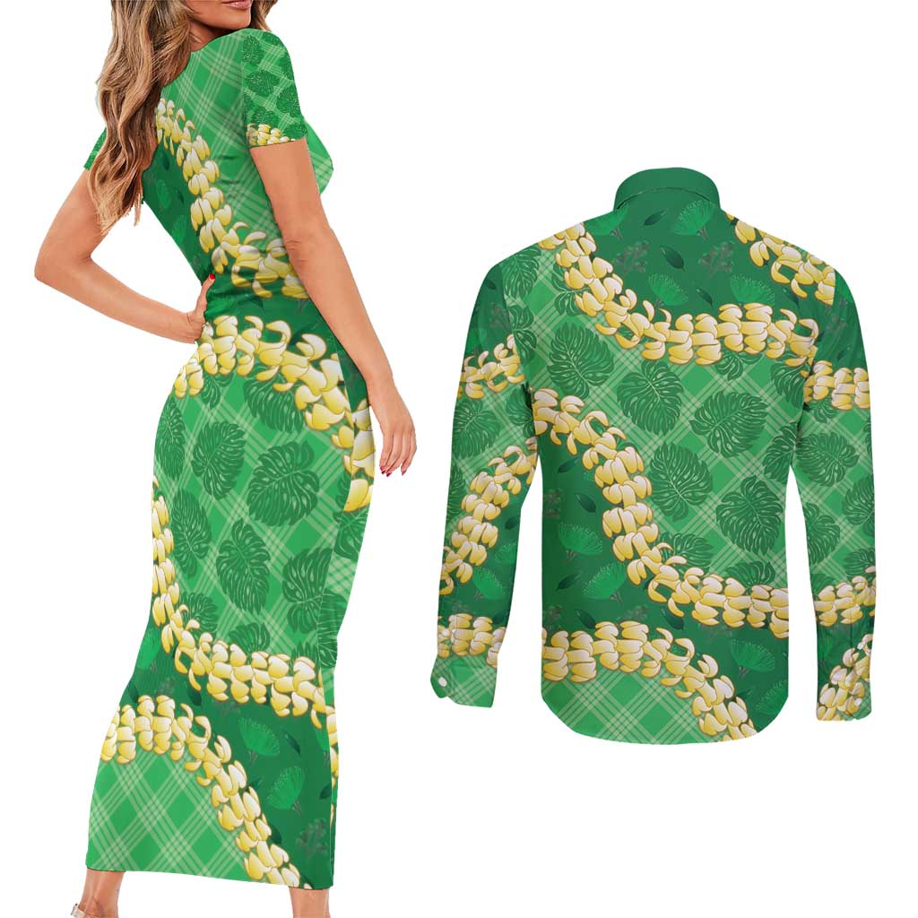 Green Palaka Hawaii Mele Kalikimaka Couples Matching Short Sleeve Bodycon Dress and Long Sleeve Button Shirt Ohia Lehua Monstera Puakenikeni Lei - Polynesian Pride