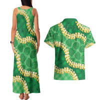 Green Palaka Hawaii Mele Kalikimaka Couples Matching Tank Maxi Dress and Hawaiian Shirt Ohia Lehua Monstera Puakenikeni Lei - Polynesian Pride