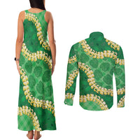 Green Palaka Hawaii Mele Kalikimaka Couples Matching Tank Maxi Dress and Long Sleeve Button Shirt Ohia Lehua Monstera Puakenikeni Lei - Polynesian Pride