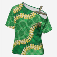 Green Palaka Hawaii Mele Kalikimaka Cross Shoulder Shirt Ohia Lehua Monstera Puakenikeni Lei - Polynesian Pride