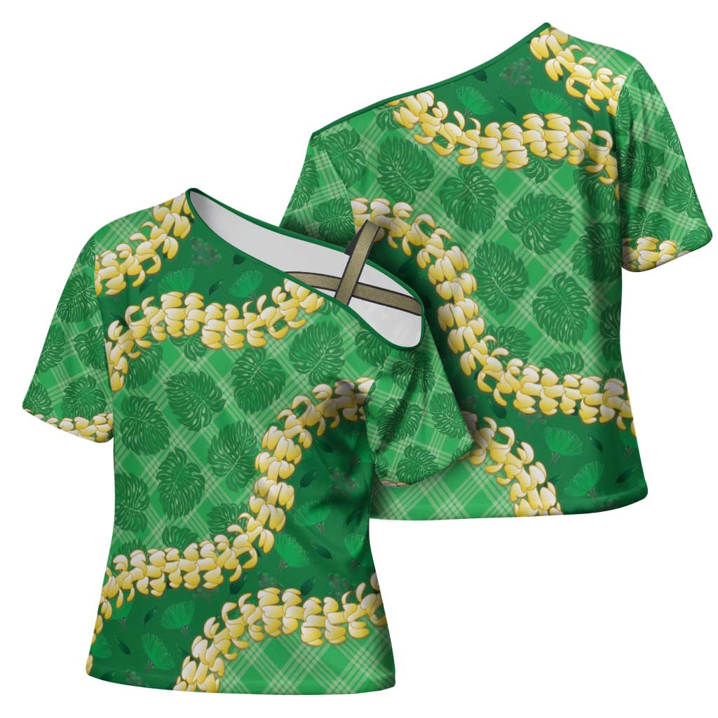 Green Palaka Hawaii Mele Kalikimaka Cross Shoulder Shirt Ohia Lehua Monstera Puakenikeni Lei - Polynesian Pride