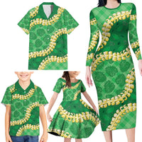 Green Palaka Hawaii Mele Kalikimaka Family Matching Long Sleeve Bodycon Dress and Hawaiian Shirt Ohia Lehua Monstera Puakenikeni Lei - Polynesian Pride