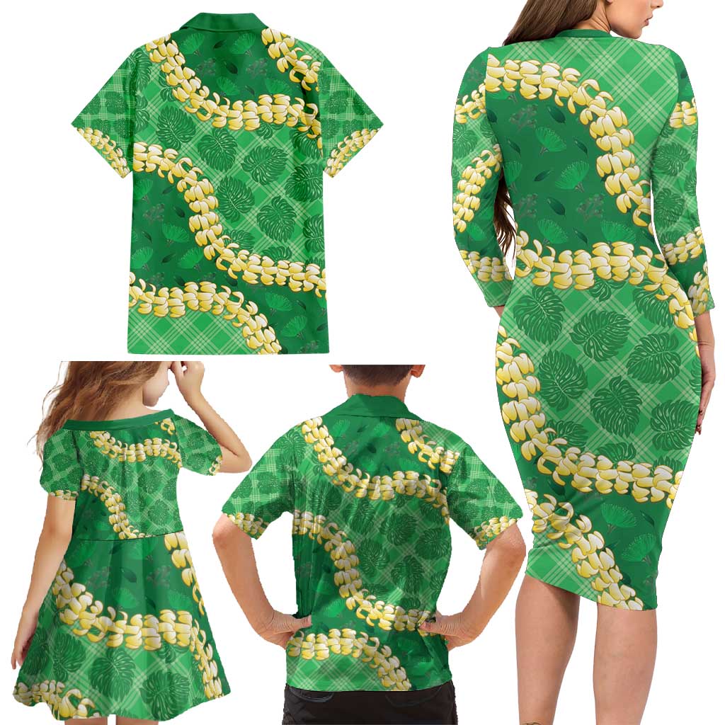 Green Palaka Hawaii Mele Kalikimaka Family Matching Long Sleeve Bodycon Dress and Hawaiian Shirt Ohia Lehua Monstera Puakenikeni Lei - Polynesian Pride