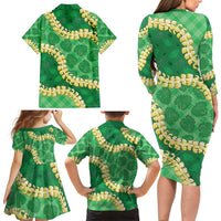 Green Palaka Hawaii Mele Kalikimaka Family Matching Long Sleeve Bodycon Dress and Hawaiian Shirt Ohia Lehua Monstera Puakenikeni Lei - Polynesian Pride