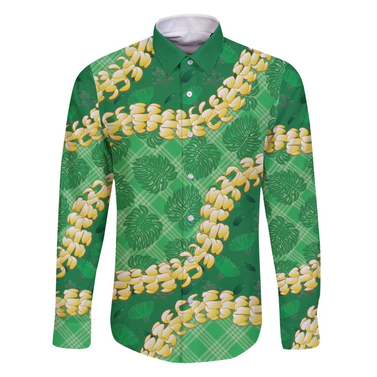 Green Palaka Hawaii Mele Kalikimaka Family Matching Off The Shoulder Long Sleeve Dress and Hawaiian Shirt Ohia Lehua Monstera Puakenikeni Lei - Polynesian Pride