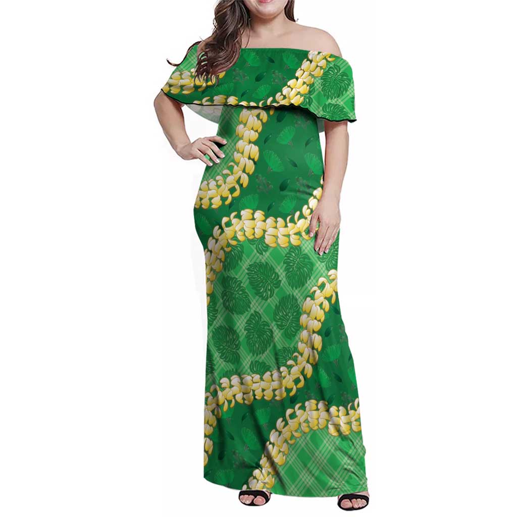 Green Palaka Hawaii Mele Kalikimaka Family Matching Off Shoulder Maxi Dress and Hawaiian Shirt Ohia Lehua Monstera Puakenikeni Lei - Polynesian Pride