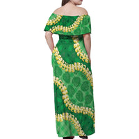 Green Palaka Hawaii Mele Kalikimaka Family Matching Off Shoulder Maxi Dress and Hawaiian Shirt Ohia Lehua Monstera Puakenikeni Lei - Polynesian Pride
