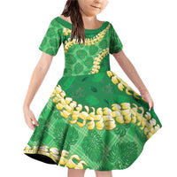 Green Palaka Hawaii Mele Kalikimaka Family Matching Off Shoulder Short Dress and Hawaiian Shirt Ohia Lehua Monstera Puakenikeni Lei - Polynesian Pride
