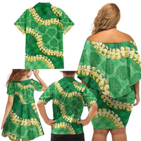 Green Palaka Hawaii Mele Kalikimaka Family Matching Off Shoulder Short Dress and Hawaiian Shirt Ohia Lehua Monstera Puakenikeni Lei - Polynesian Pride