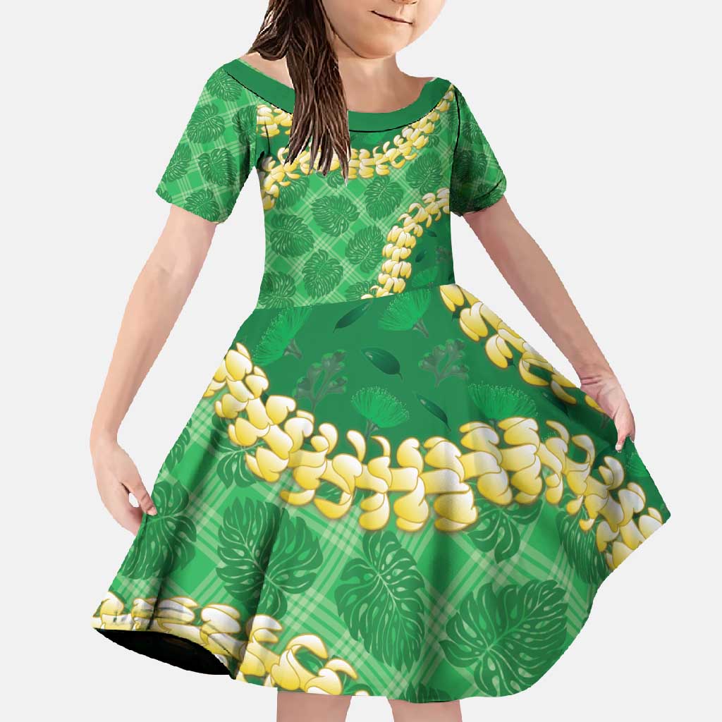 Green Palaka Hawaii Mele Kalikimaka Family Matching Short Sleeve Bodycon Dress and Hawaiian Shirt Ohia Lehua Monstera Puakenikeni Lei - Polynesian Pride