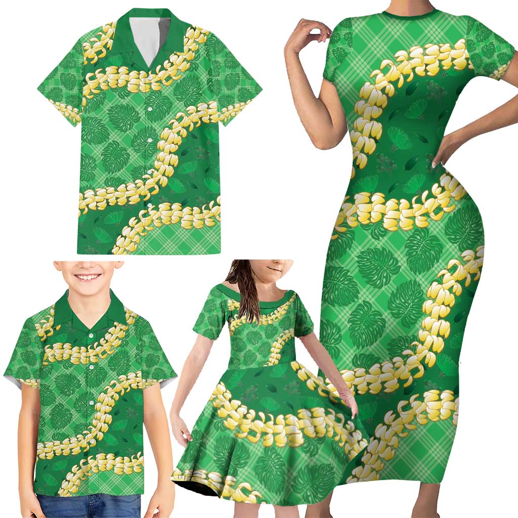 Green Palaka Hawaii Mele Kalikimaka Family Matching Short Sleeve Bodycon Dress and Hawaiian Shirt Ohia Lehua Monstera Puakenikeni Lei - Polynesian Pride