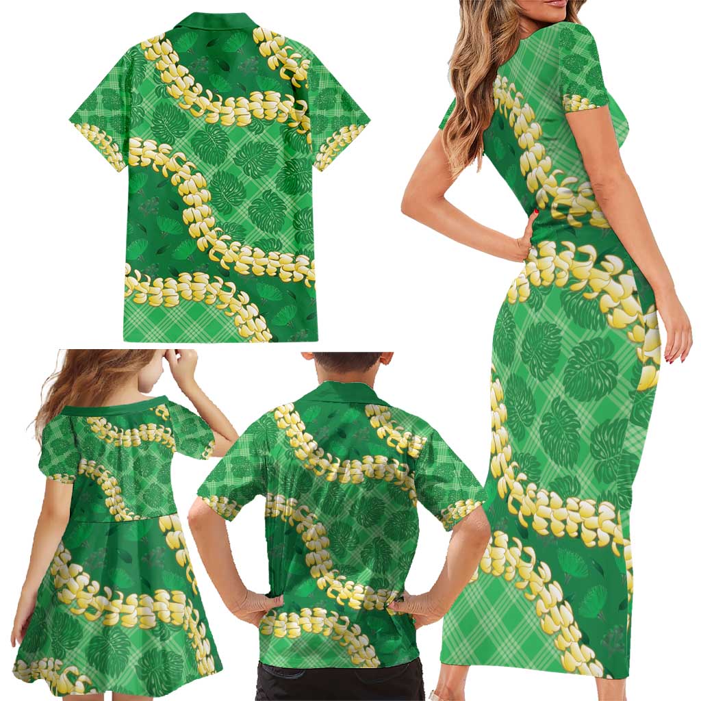 Green Palaka Hawaii Mele Kalikimaka Family Matching Short Sleeve Bodycon Dress and Hawaiian Shirt Ohia Lehua Monstera Puakenikeni Lei - Polynesian Pride