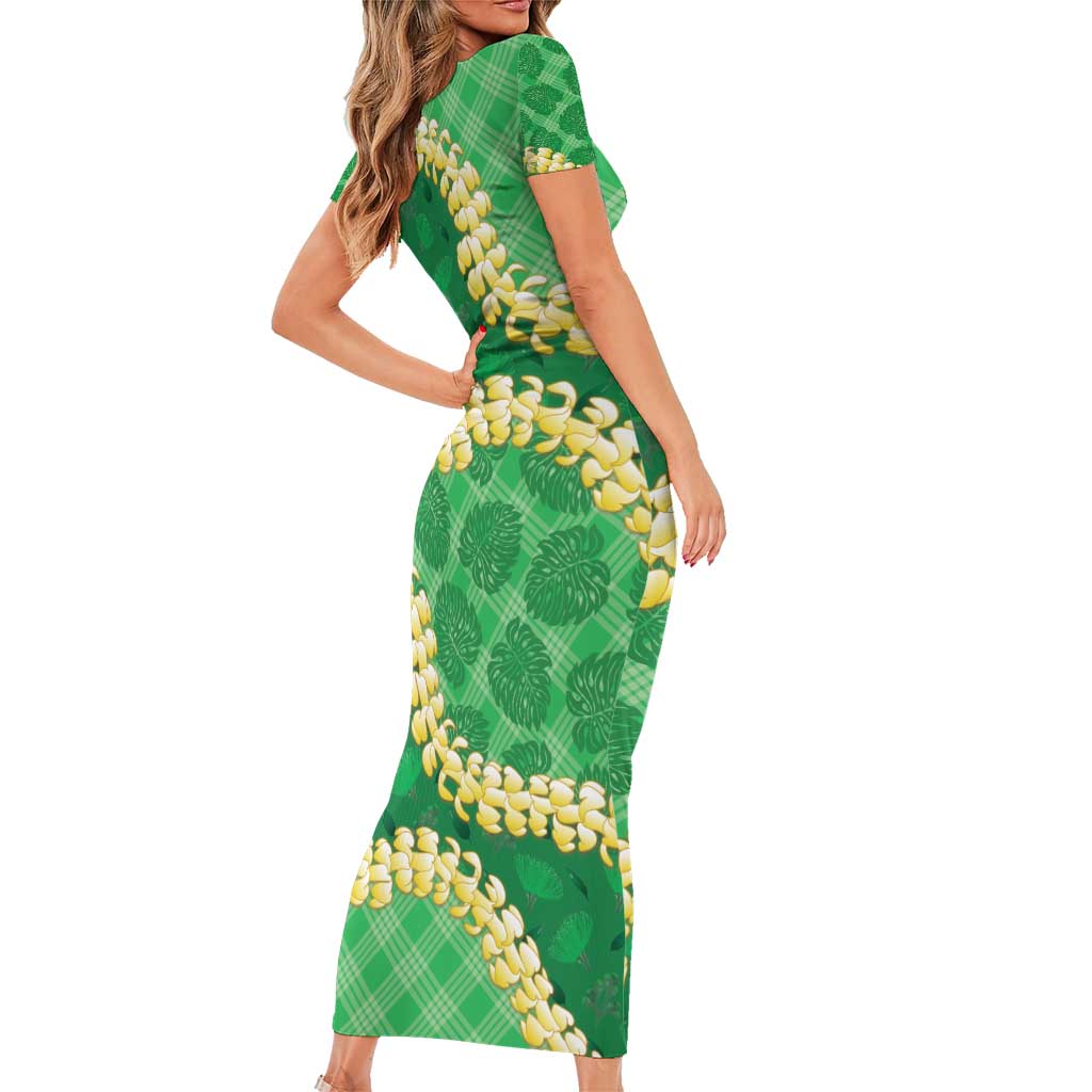 Green Palaka Hawaii Mele Kalikimaka Family Matching Short Sleeve Bodycon Dress and Hawaiian Shirt Ohia Lehua Monstera Puakenikeni Lei - Polynesian Pride