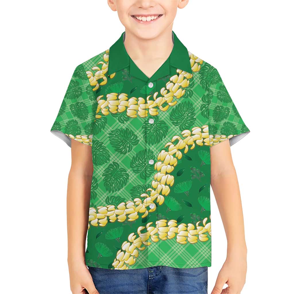 Green Palaka Hawaii Mele Kalikimaka Family Matching Short Sleeve Bodycon Dress and Hawaiian Shirt Ohia Lehua Monstera Puakenikeni Lei - Polynesian Pride