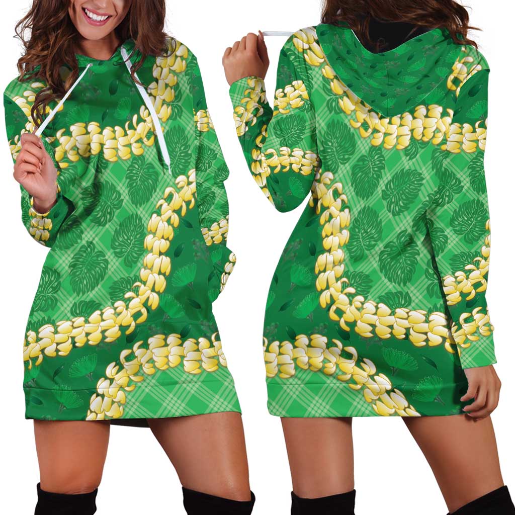 Green Palaka Hawaii Mele Kalikimaka Hoodie Dress Ohia Lehua Monstera Puakenikeni Lei - Polynesian Pride