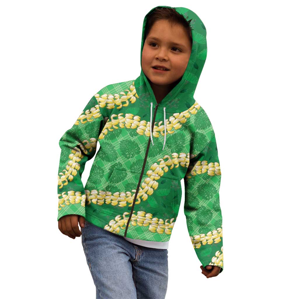 Green Palaka Hawaii Mele Kalikimaka Kid Hoodie Ohia Lehua Monstera Puakenikeni Lei - Polynesian Pride