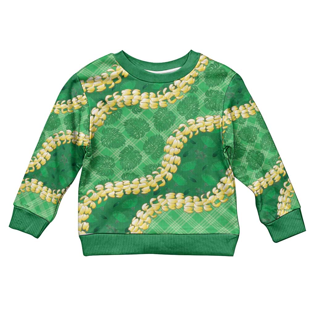 Green Palaka Hawaii Mele Kalikimaka Kid Ugly Christmas Sweater Ohia Lehua Monstera Puakenikeni Lei - Polynesian Pride