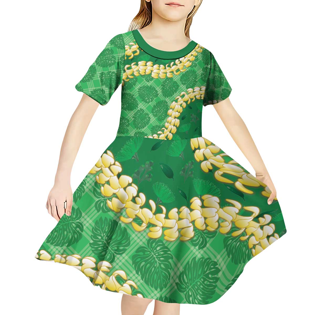 Green Palaka Hawaii Mele Kalikimaka Kid Short Sleeve Dress Ohia Lehua Monstera Puakenikeni Lei - Polynesian Pride