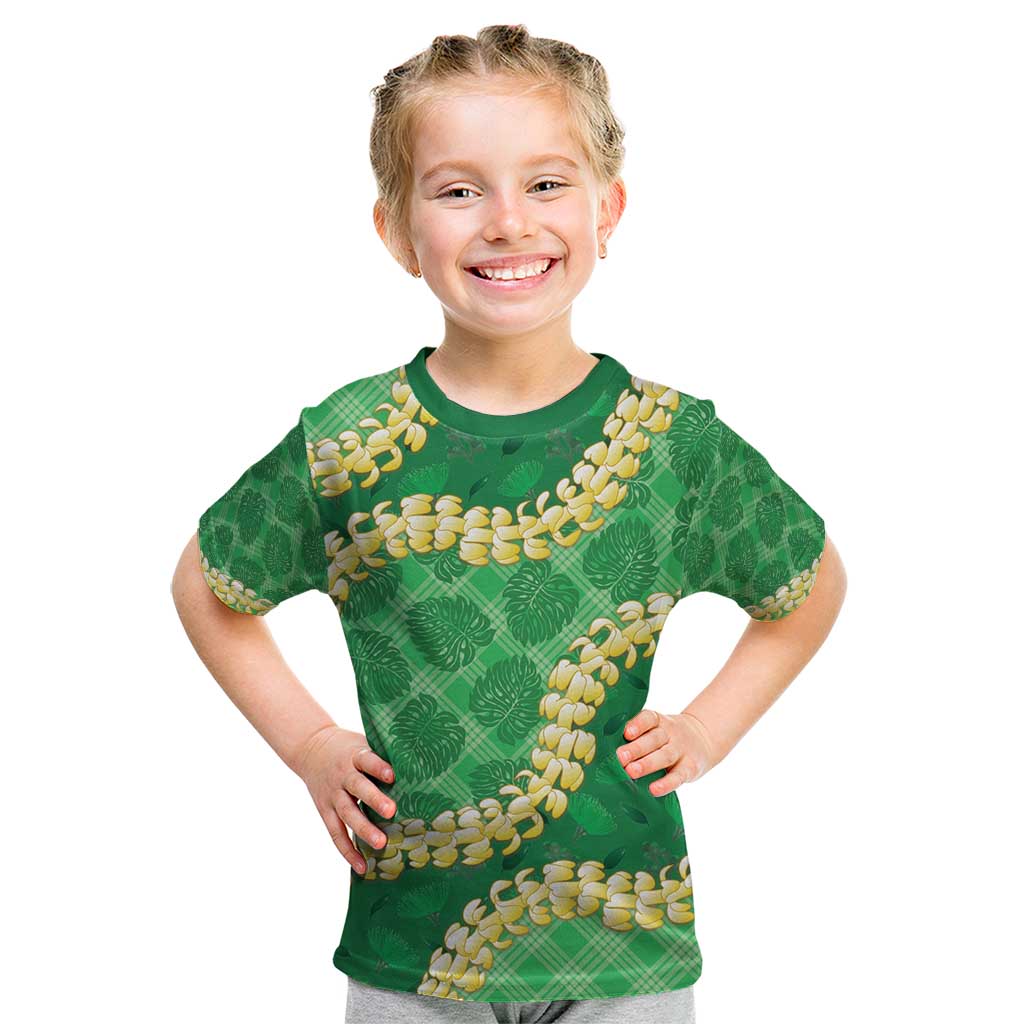 Green Palaka Hawaii Mele Kalikimaka Kid T Shirt Ohia Lehua Monstera Puakenikeni Lei - Polynesian Pride